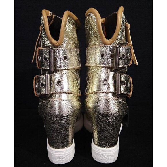 Giuseppe Zanotti Buckle Wedge Leather Sneaker 36 6 Gold Metallic High Top New - Picture 4 of 11